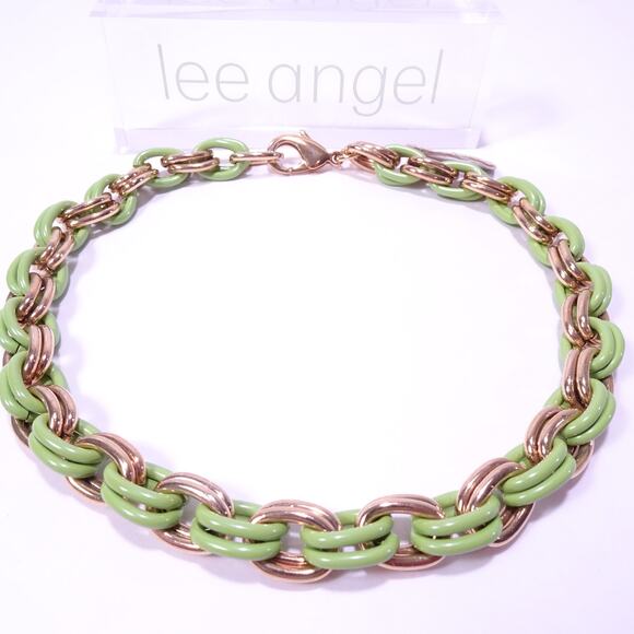 Neiman Marcus Lee Angel Gold Brass Green Enamel Double Link Necklace NWT 398 - Picture 1 of 7